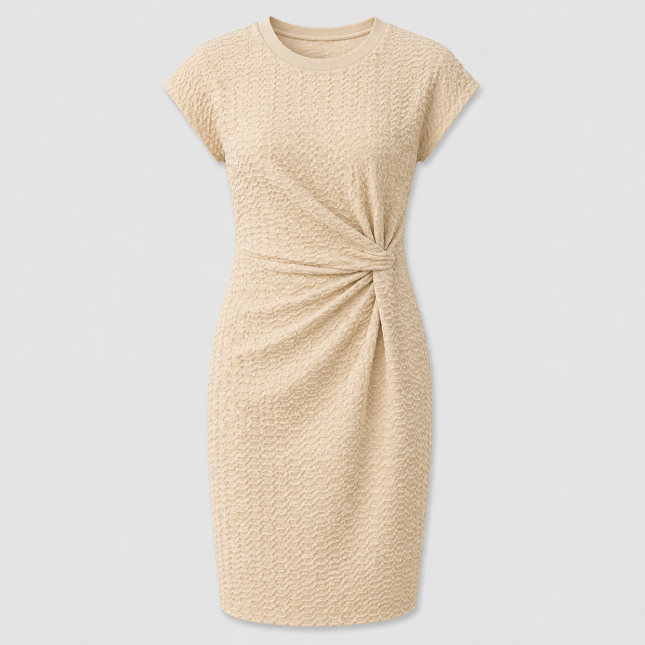 Beige textured bodycon dress with gathered waist detail