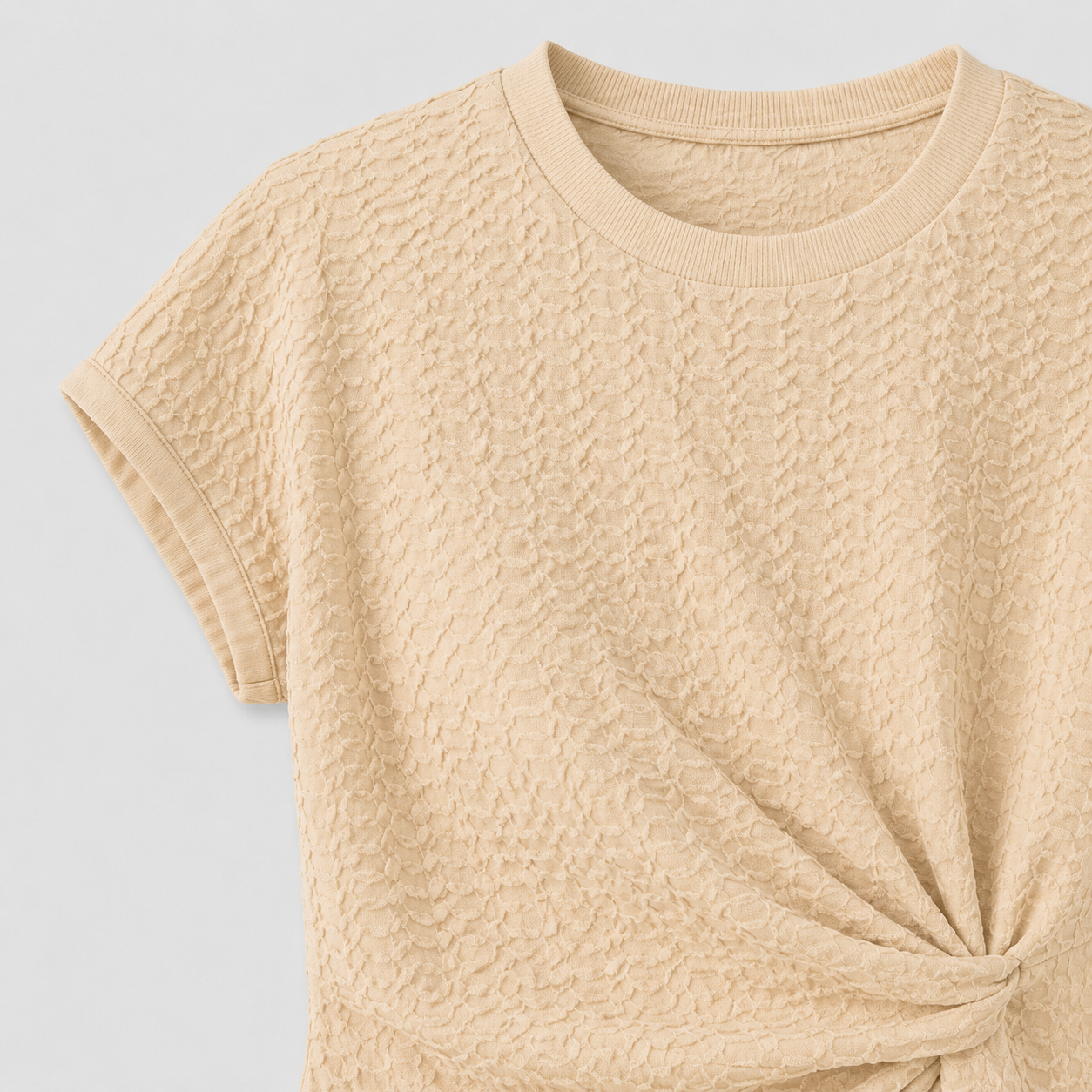 Beige textured bodycon dress with gathered waist detail