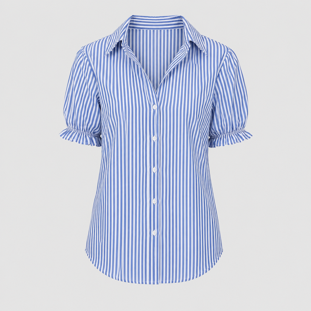 Striped blouse with split V-neck collar, short puff sleeves, and relaxed fit