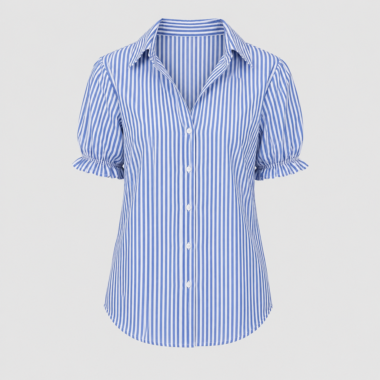Striped blouse with split V-neck collar, short puff sleeves, and relaxed fit