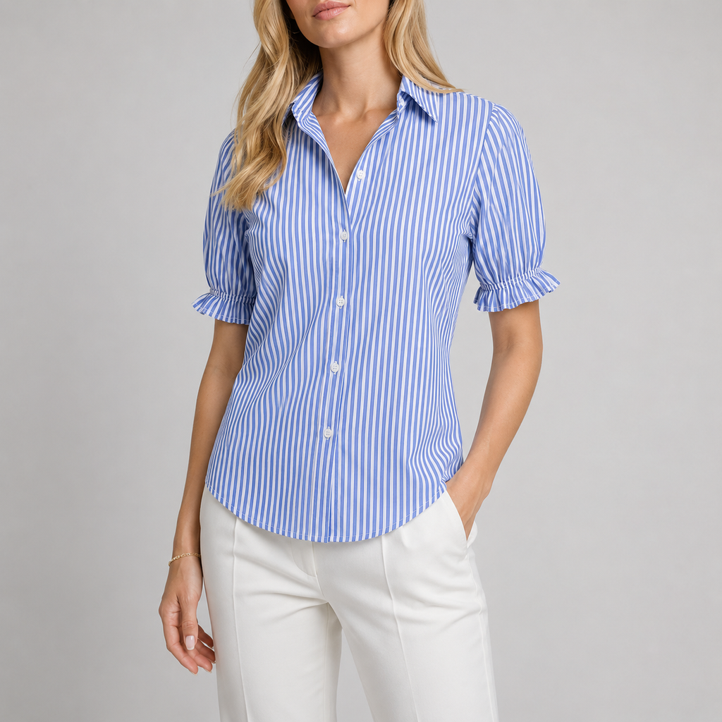 Striped blouse with split V-neck collar, short puff sleeves, and relaxed fit