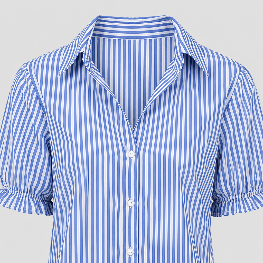 Striped blouse with split V-neck collar, short puff sleeves, and relaxed fit