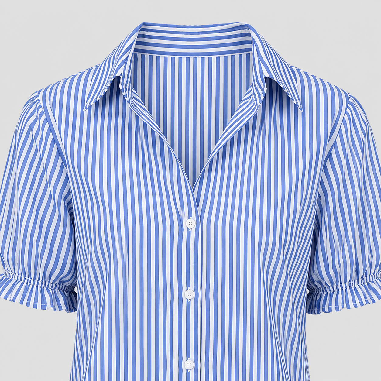 Striped blouse with split V-neck collar, short puff sleeves, and relaxed fit