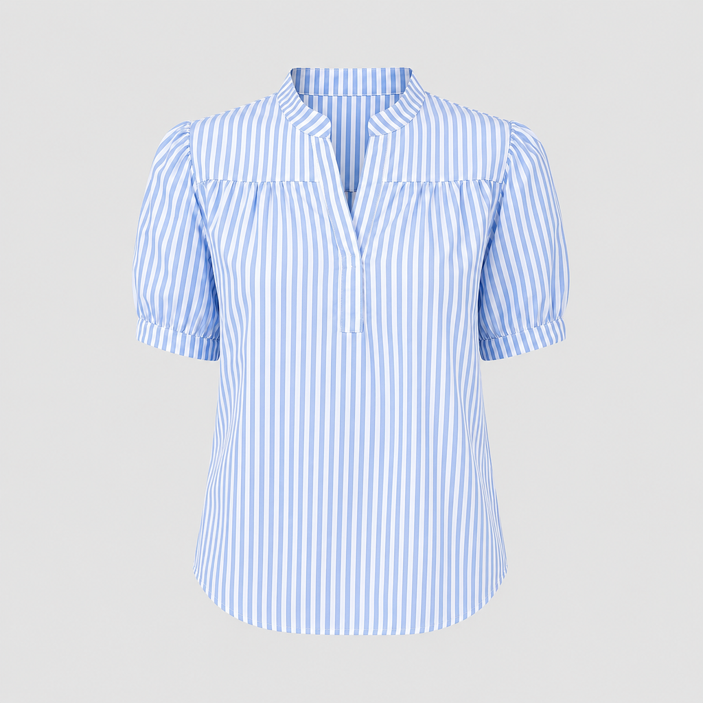 Striped blouse with split V-neck mandarin collar, short puff sleeves, and gathered