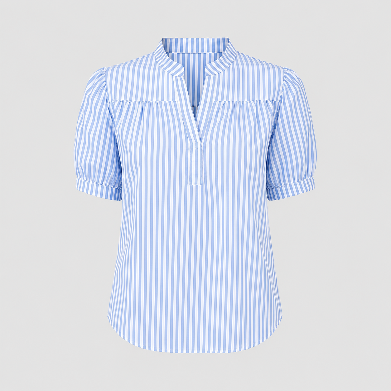 Striped blouse with split V-neck mandarin collar, short puff sleeves, and gathered