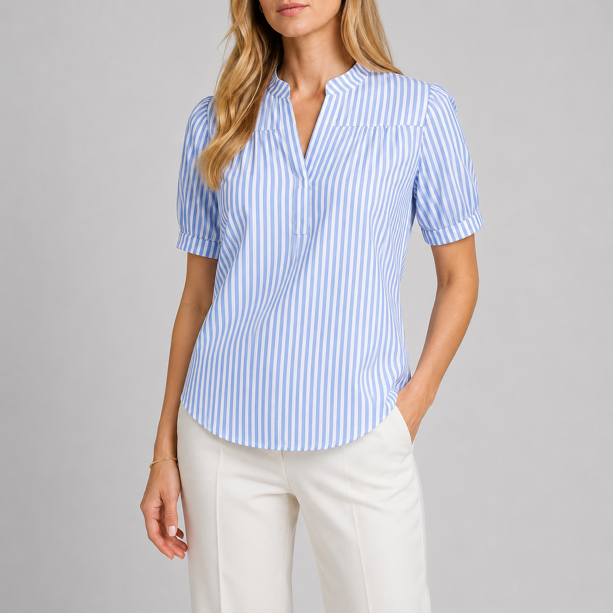 Striped blouse with split V-neck mandarin collar, short puff sleeves, and gathered