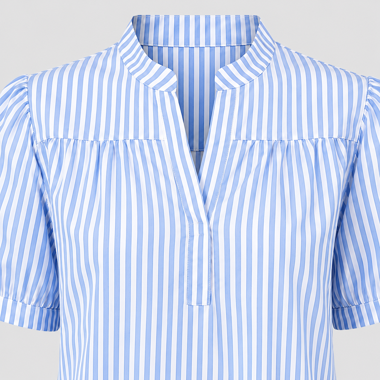 Striped blouse with split V-neck mandarin collar, short puff sleeves, and gathered